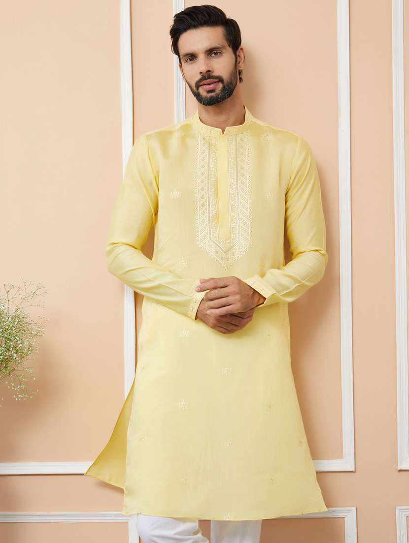 men solid with work mandarin neck long kurta
