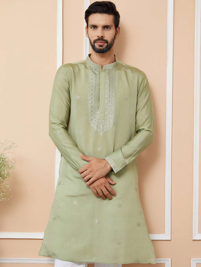 men solid with work mandarin neck long kurta