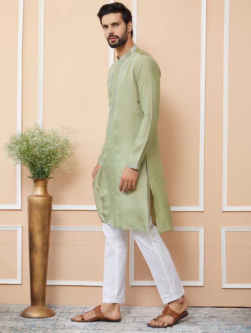 men solid with work mandarin neck long kurta - 22392282 -  Standard Image - 3