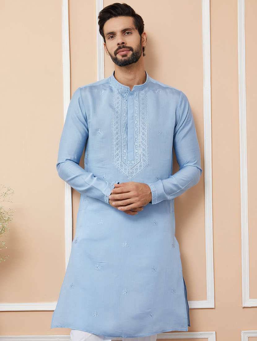 men solid with work mandarin neck long kurta