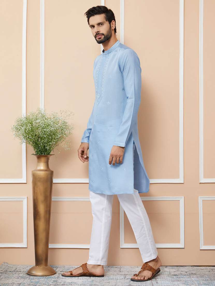 men solid with work mandarin neck long kurta - 22392287 -  Standard Image - 3