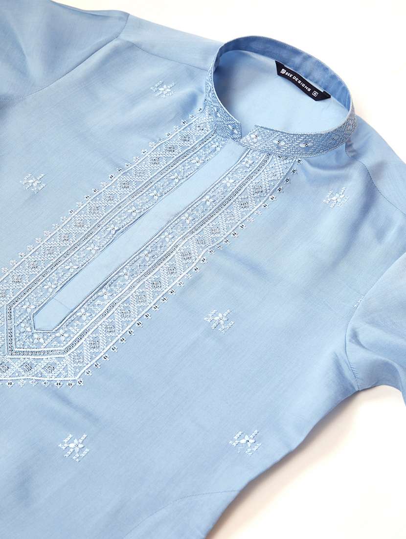 men solid with work mandarin neck long kurta - 22392287 -  Standard Image - 5