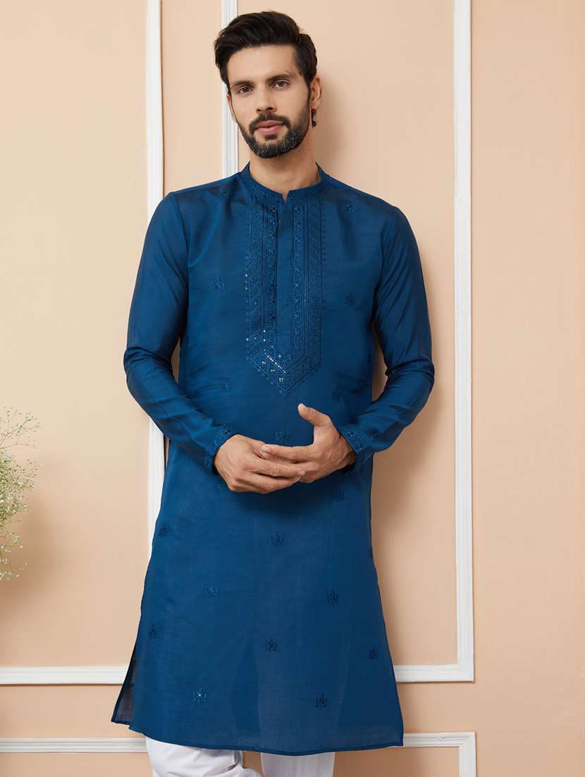 men solid with work mandarin neck long kurta