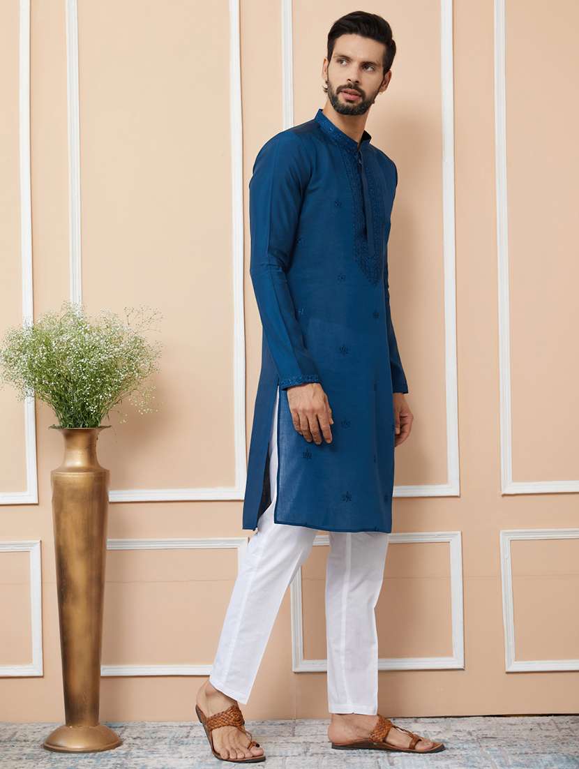 men solid with work mandarin neck long kurta - 22392289 -  Standard Image - 3