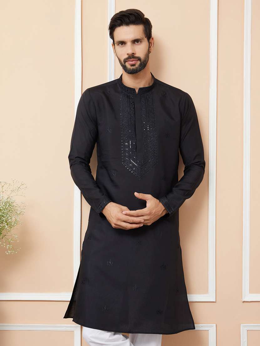 men solid with work mandarin neck long kurta