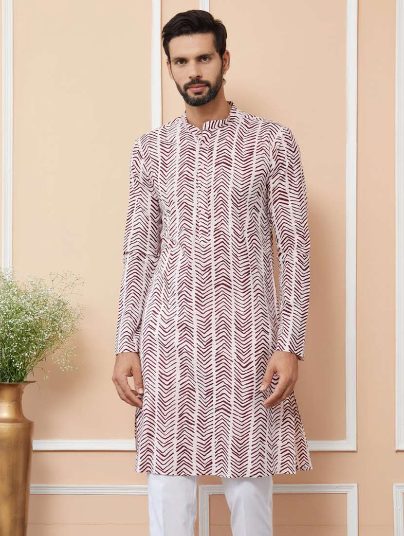 men printed mandarin neck long kurta