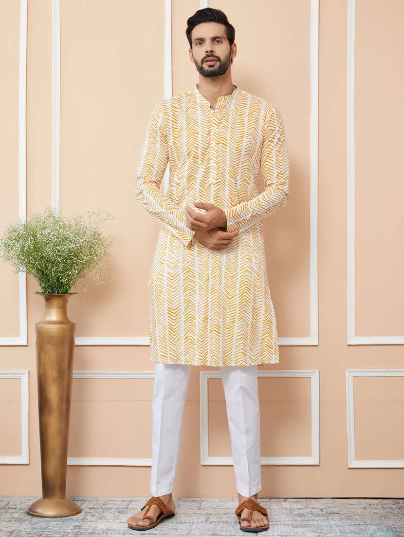 men printed mandarin neck long kurta