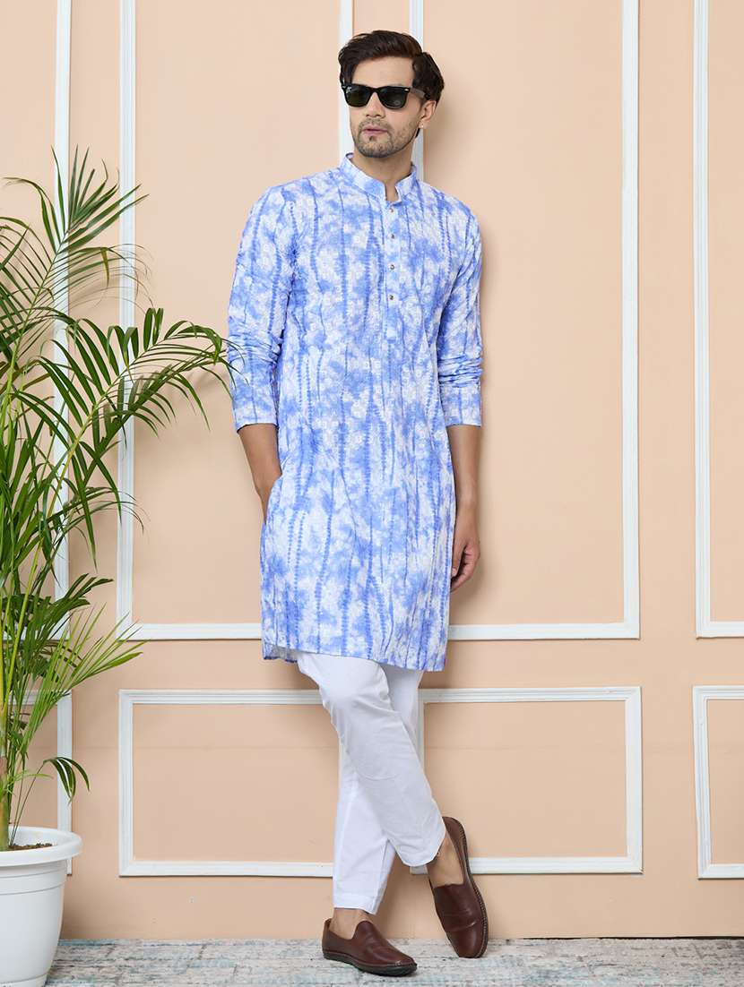 men printed mandarin neck long kurta
