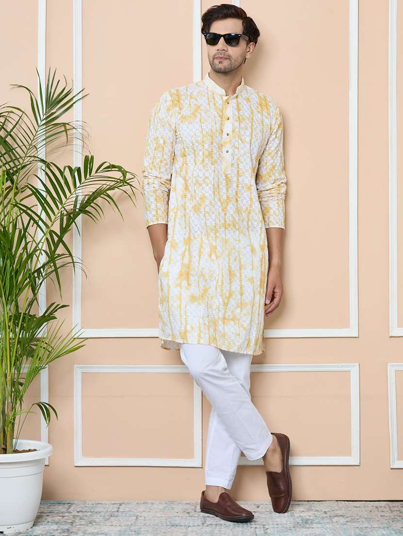 men printed mandarin neck long kurta