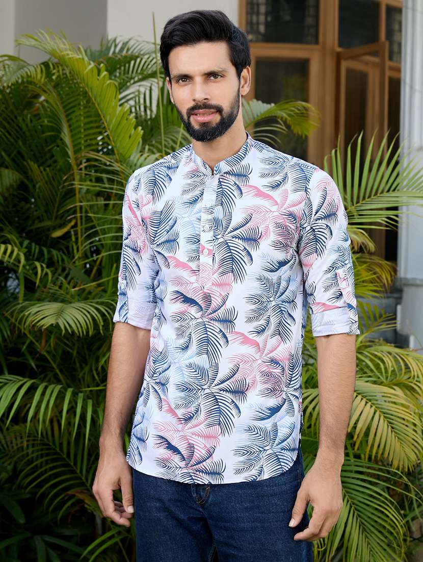 men mandarin neck roll-up sleeve short kurta