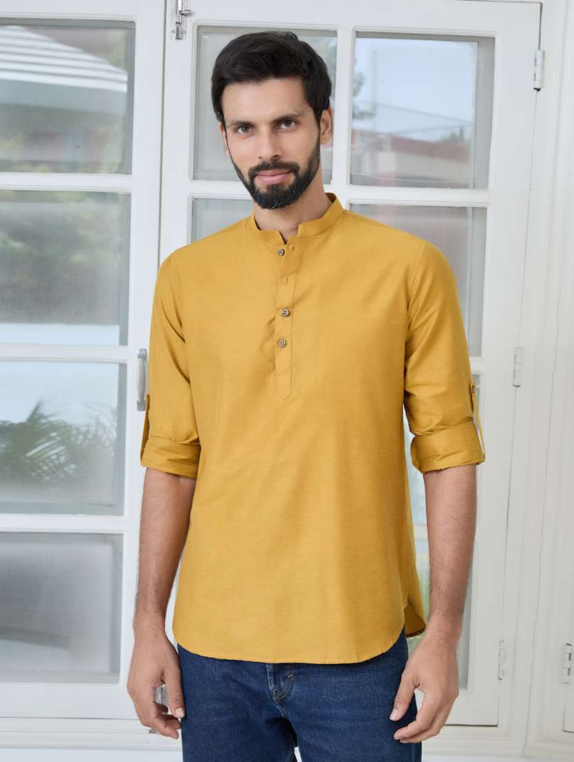 men mandarin neck roll-up sleeve short kurta