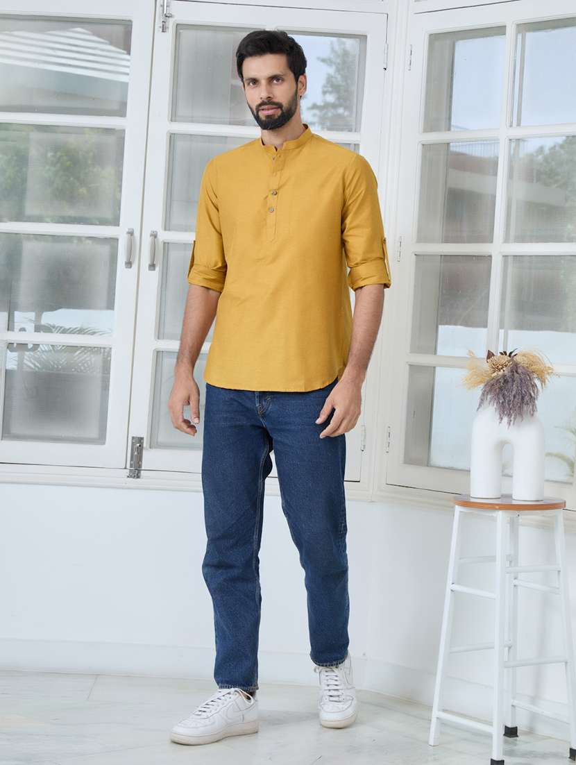 men mandarin neck roll-up sleeve short kurta - 22392461 -  Standard Image - 5