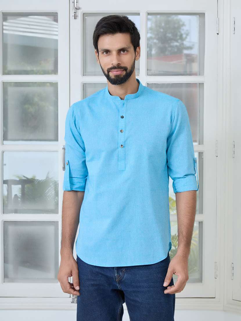 men mandarin neck long sleeve short kurta