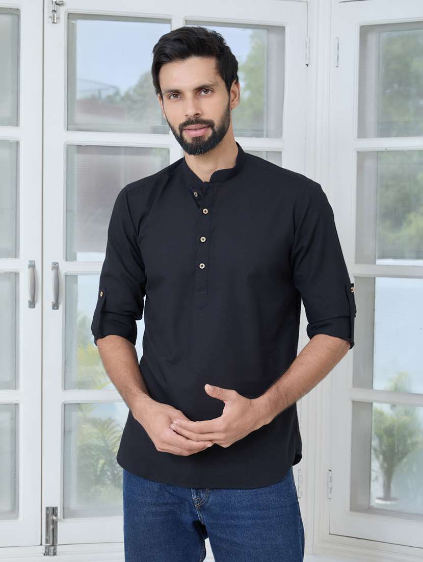 men mandarin neck long sleeve short kurta