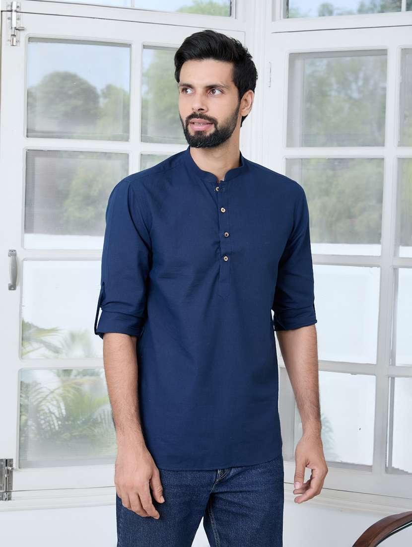men mandarin neck long sleeve short kurta