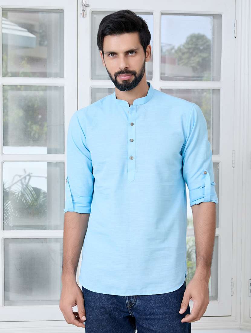men mandarin neck long sleeve short kurta