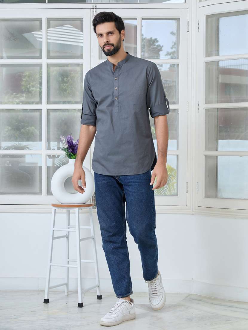 men mandarin neck long sleeve short kurta - 22392484 -  Standard Image - 5