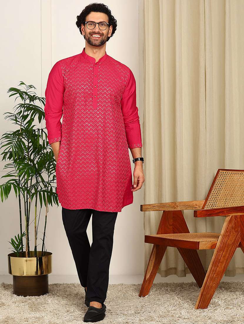 men solid with work mandarin neck long kurta