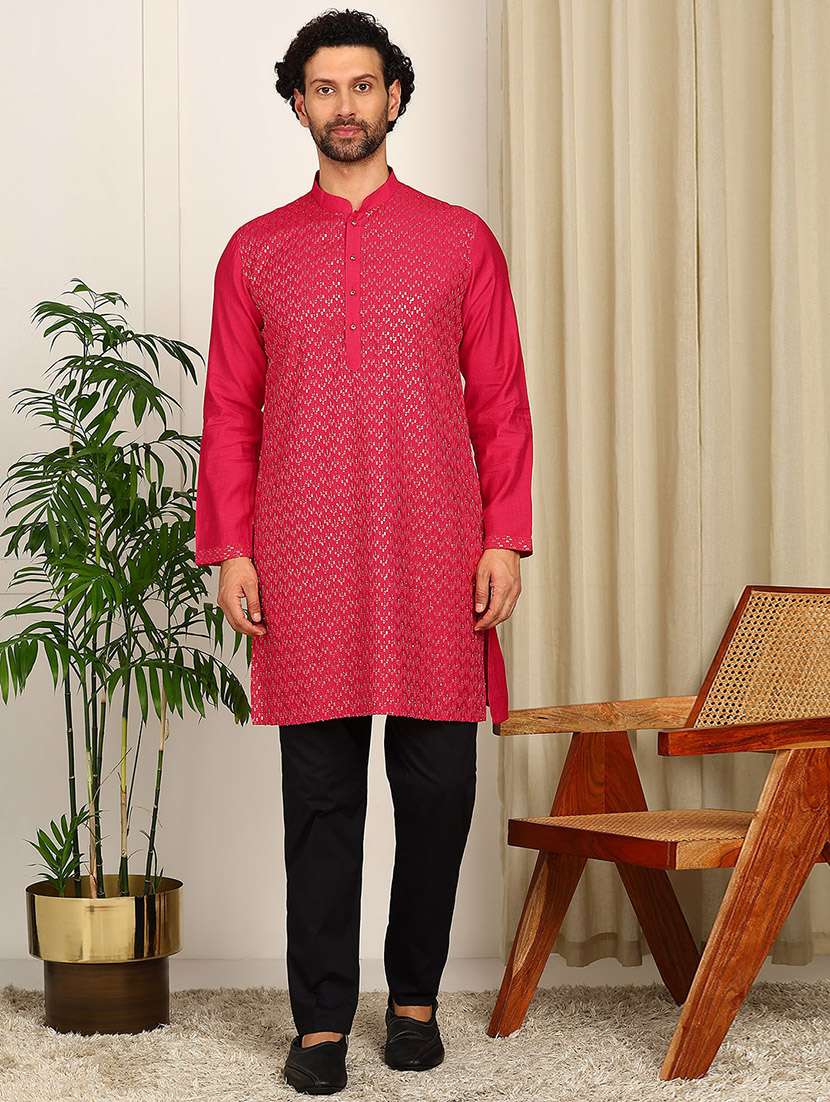 men solid with work mandarin neck long kurta - 22392569 -  Standard Image - 3