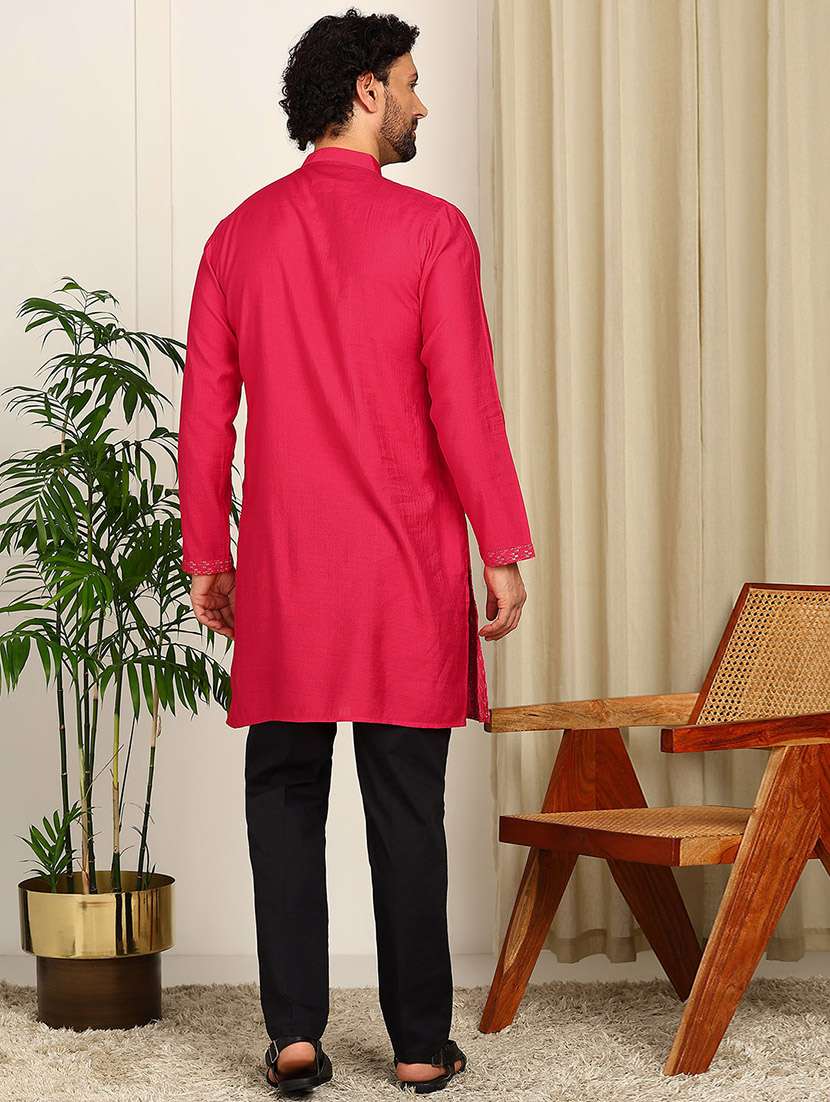 men solid with work mandarin neck long kurta - 22392569 -  Standard Image - 5
