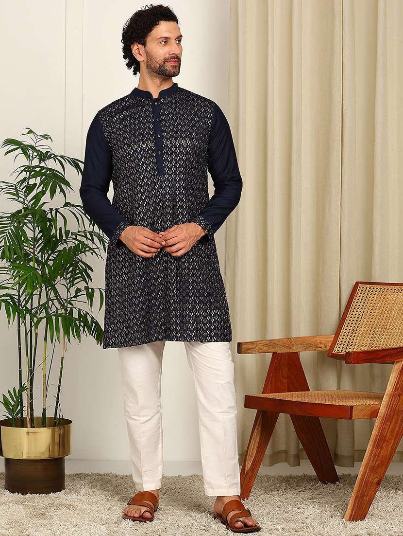 men solid with work mandarin neck long kurta