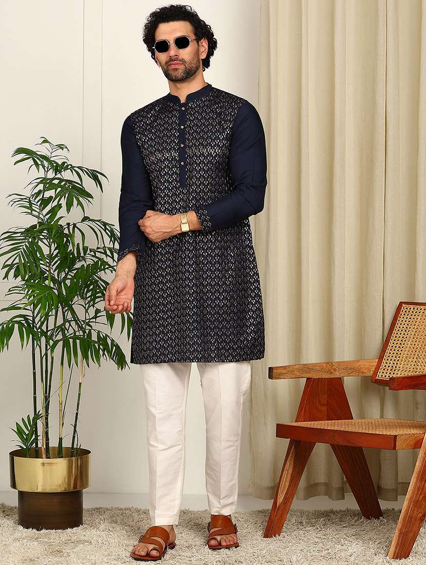 men solid with work mandarin neck long kurta - 22392570 -  Standard Image - 3