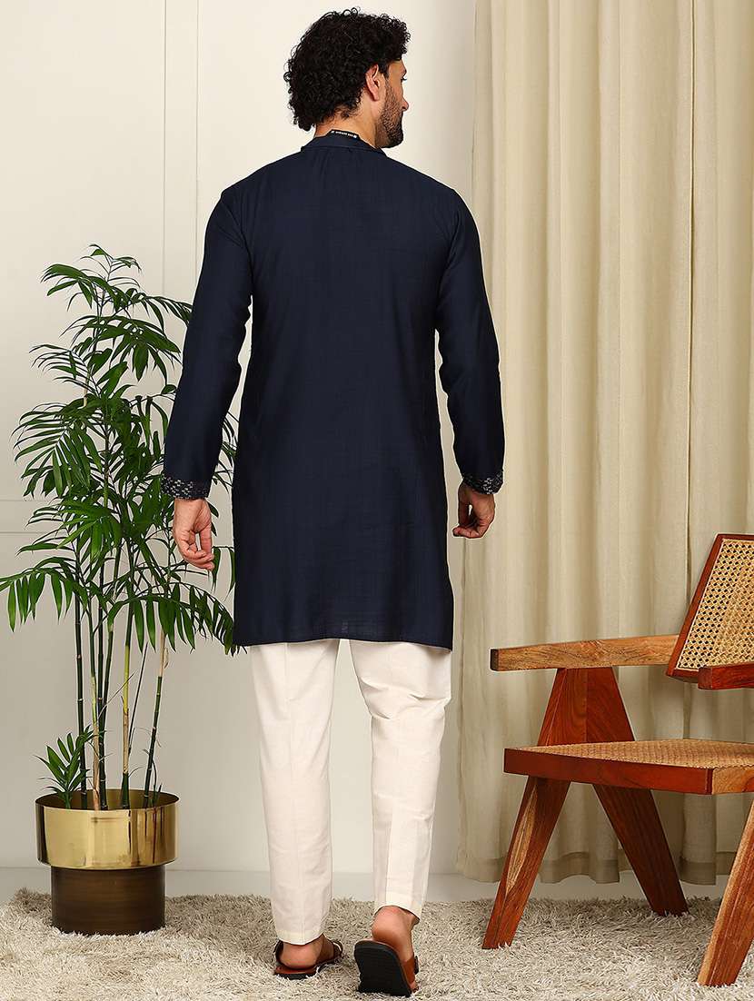 men solid with work mandarin neck long kurta - 22392570 -  Standard Image - 5