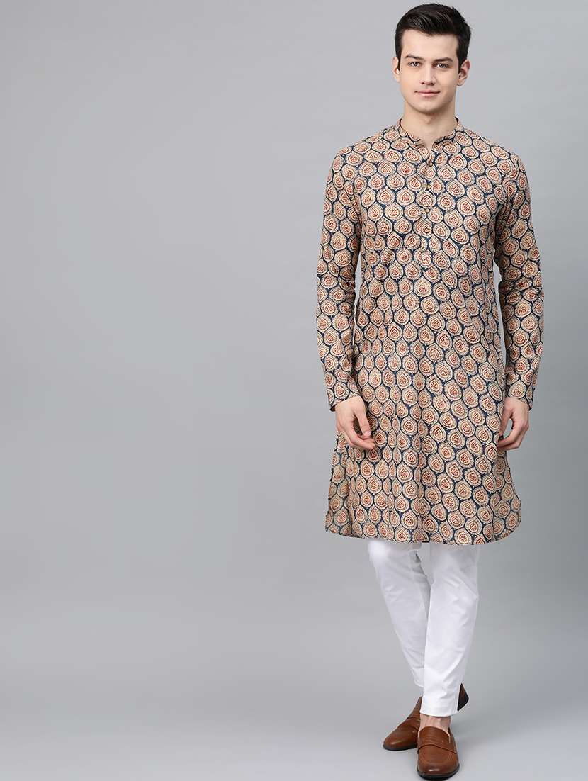 men printed mandarin neck long sleeve kurta