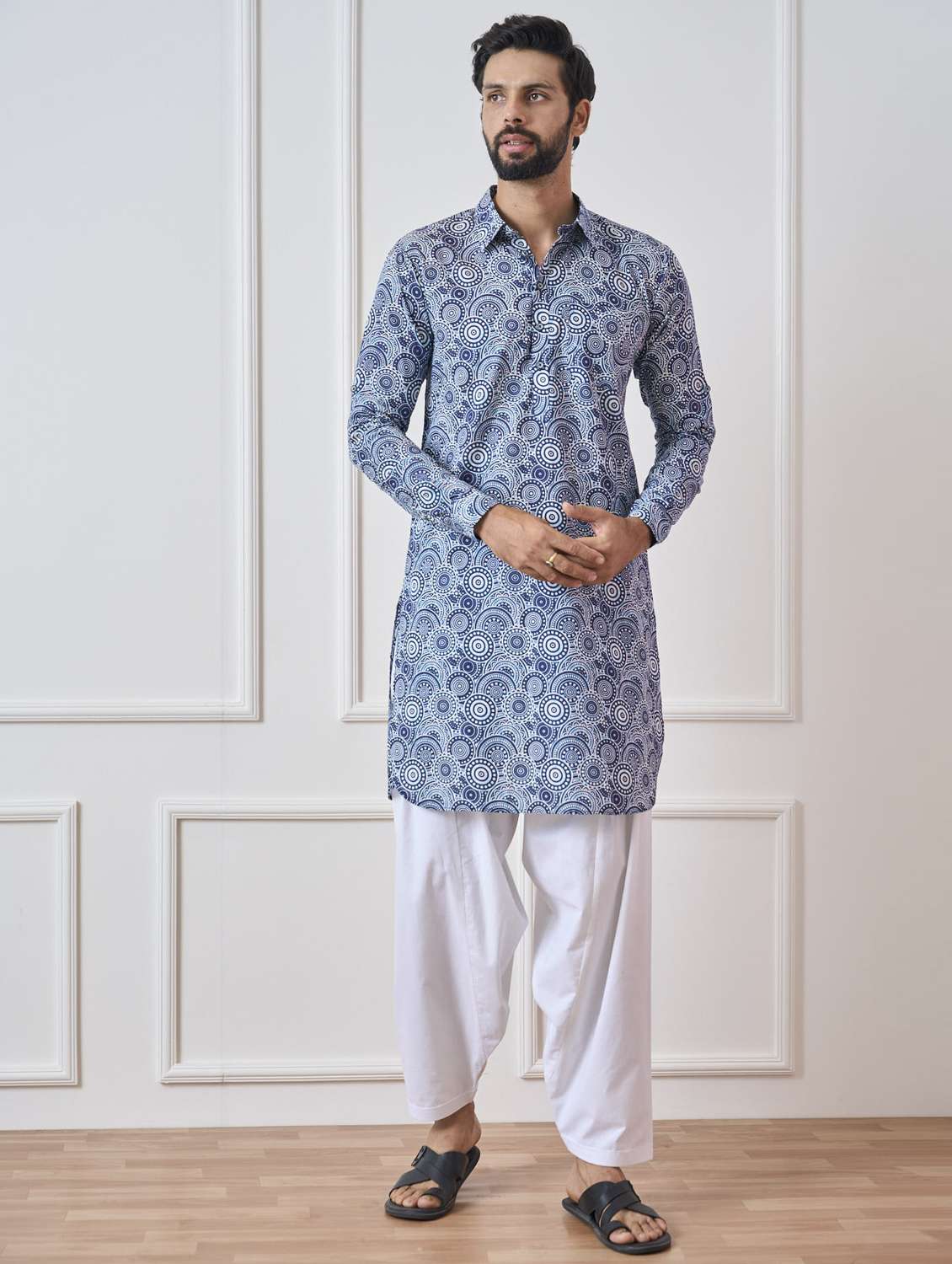 men printed collared long sleeve pathani kurta