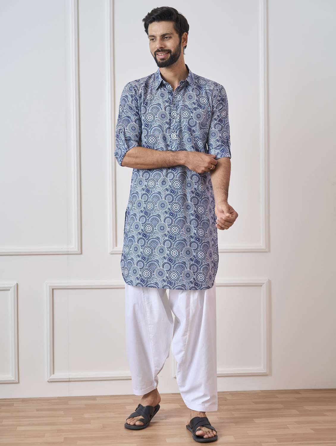 men printed collared long sleeve pathani kurta - 22392711 -  Standard Image - 3