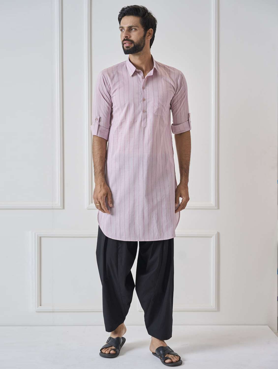 men collared long sleeve pathani kurta