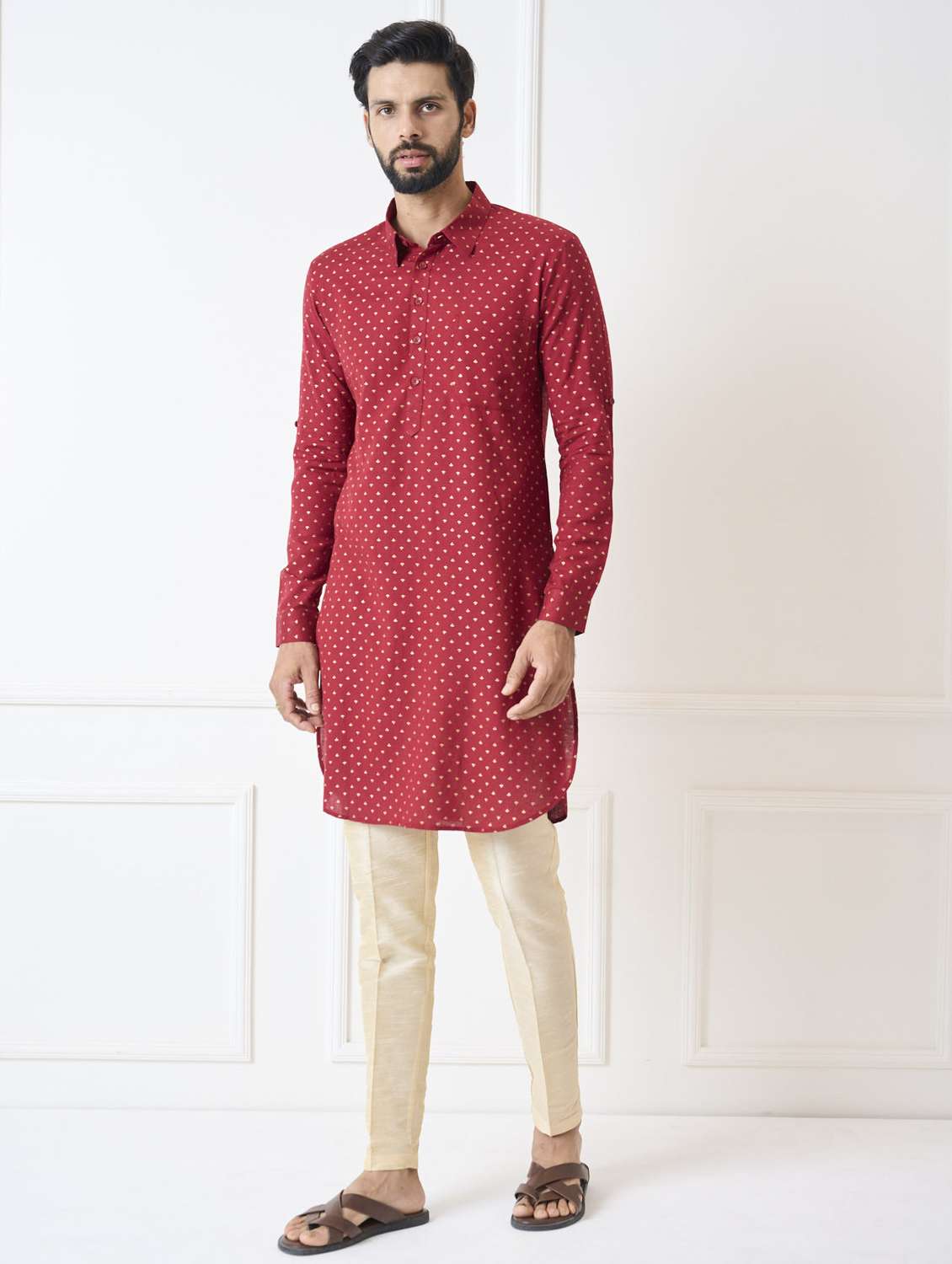 men printed mandarin neck long kurta