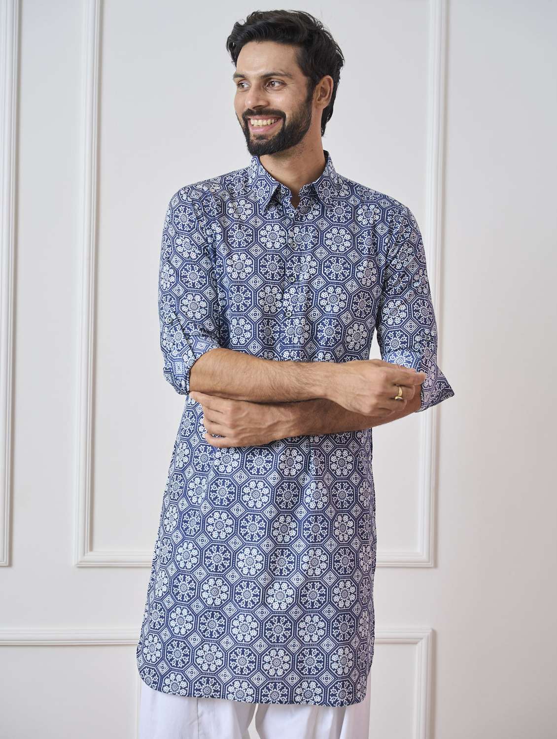 men printed long sleeve pathani kurta - 22392725 -  Standard Image - 3