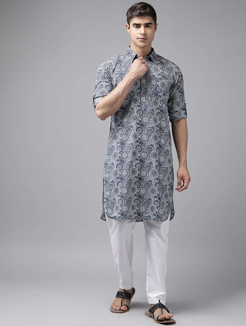 men printed long sleeve pathani kurta