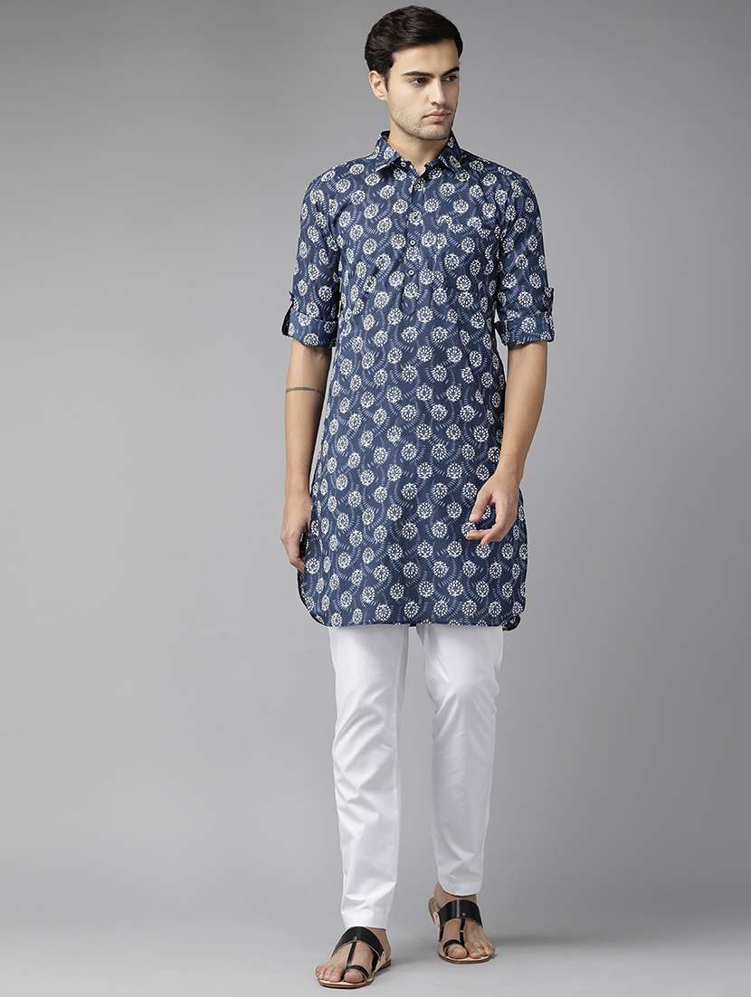 men printed long sleeve pathani kurta