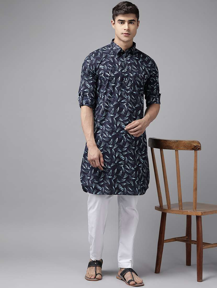 men printed long sleeve pathani kurta