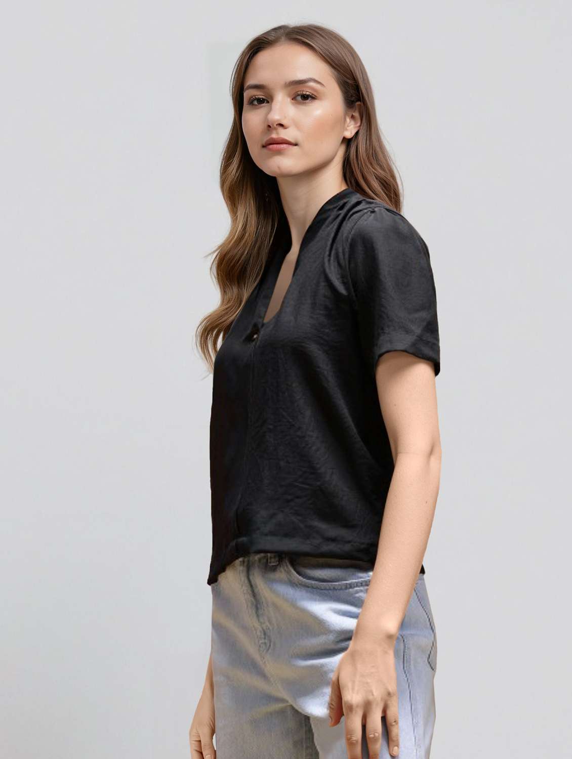 women solid puff sleeve straight top - 22392763 -  Standard Image - 3