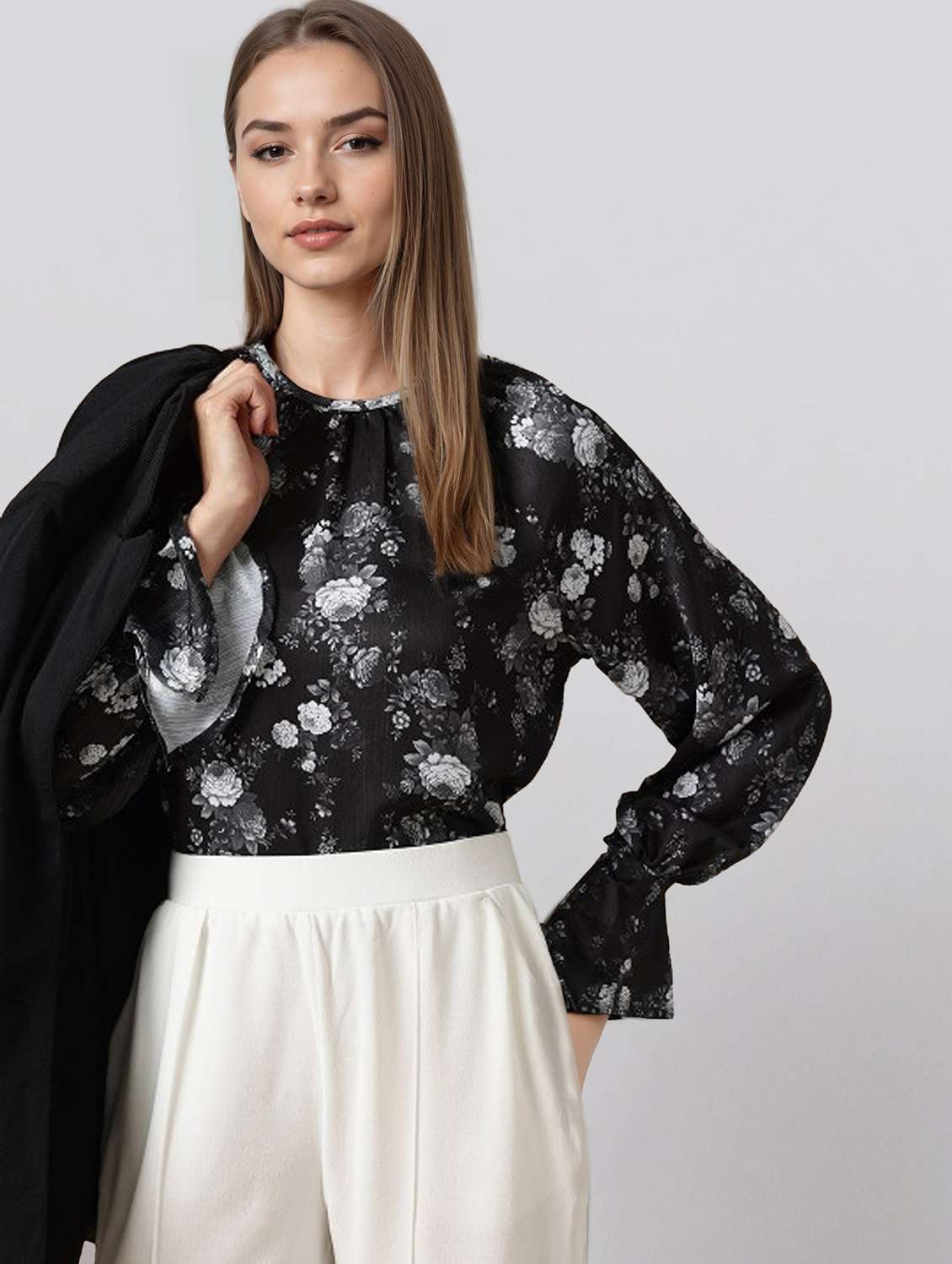 women printed bell sleeve straight top