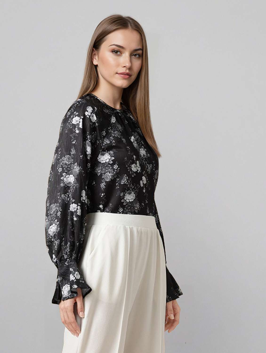 women printed bell sleeve straight top - 22392767 -  Standard Image - 3