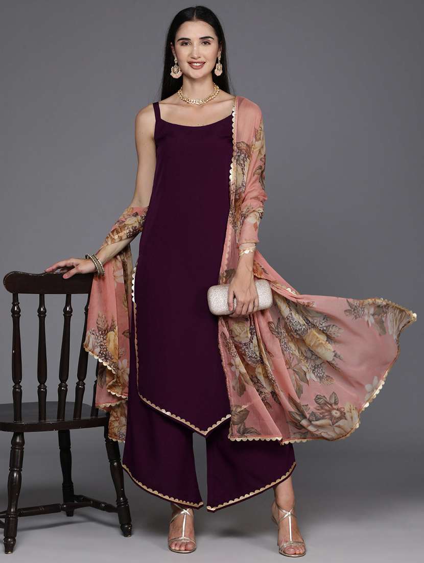 women solid sleeveless kurta palazzo with dupatta set