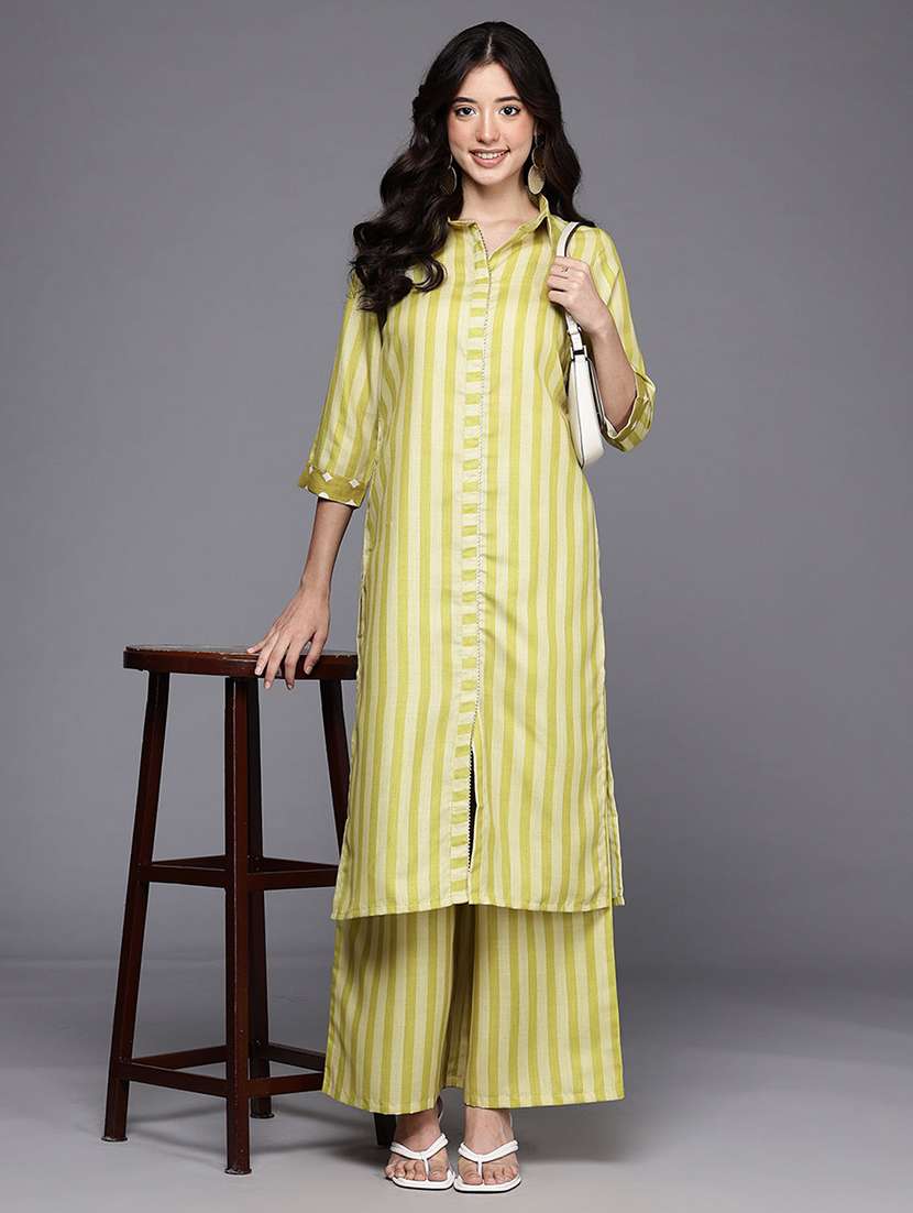 women striped three quarter sleeve kurta palazzo set