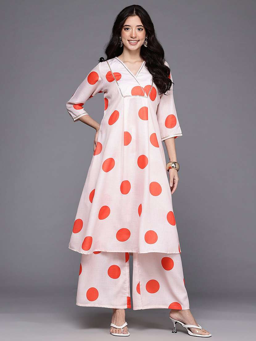 women polka dot three quarter sleeve kurta palazzo set