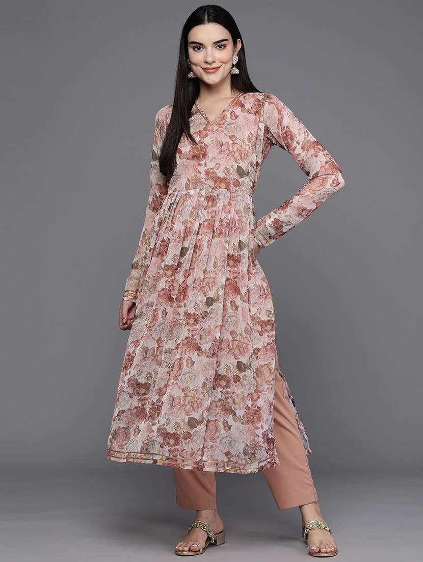 women floral printed long sleeve kurta pant set