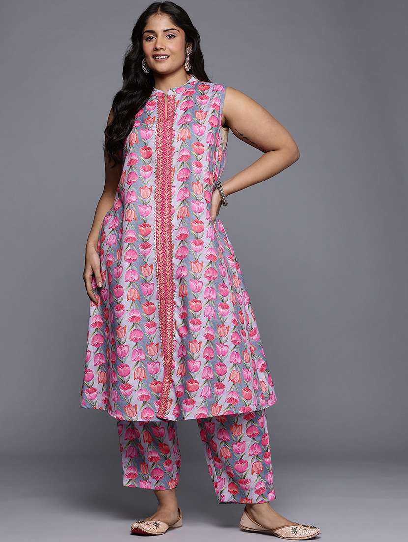 women printed sleeveless kurta pant set