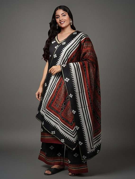 women printed sleeveless kurta palazzo with dupatta set