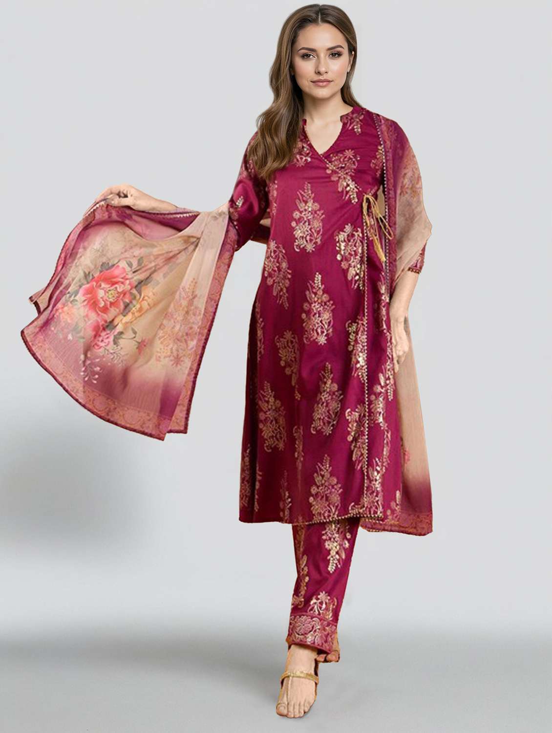 women printed three quarter sleeve kurta pant with dupatta set