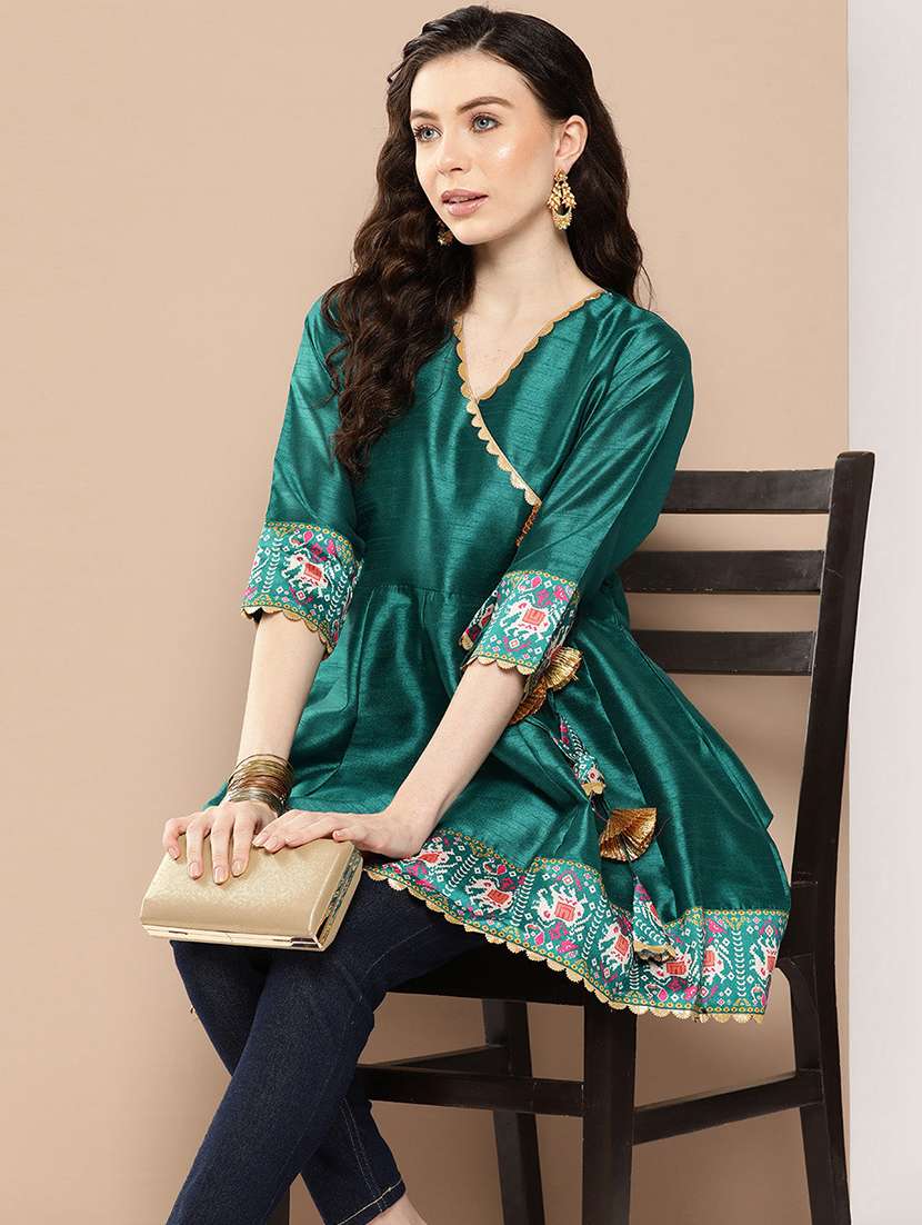 women printed three quarter sleeve flared kurti