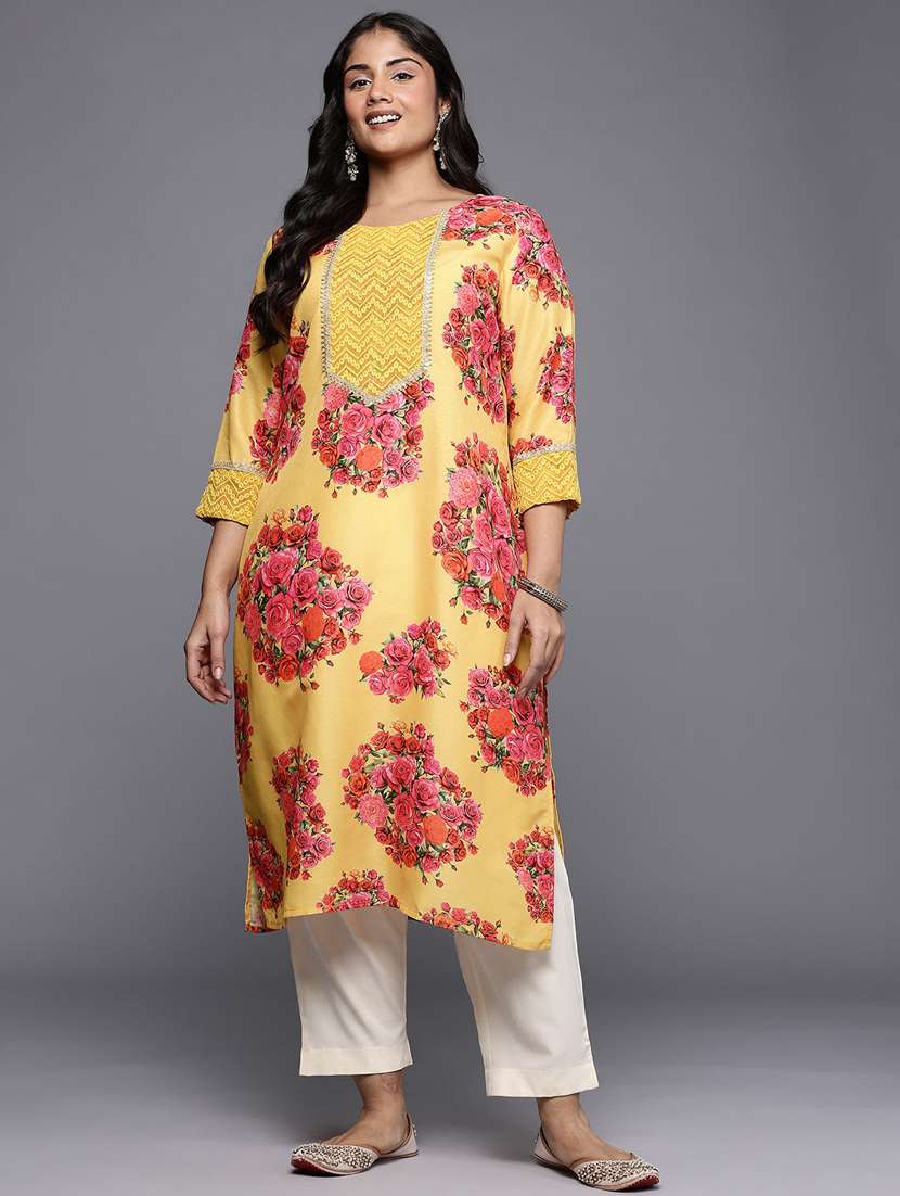 women floral three quarter sleeve straight kurta
