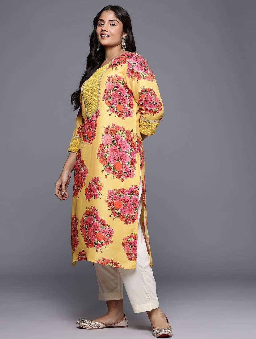 women floral three quarter sleeve straight kurta - 22392842 -  Standard Image - 3