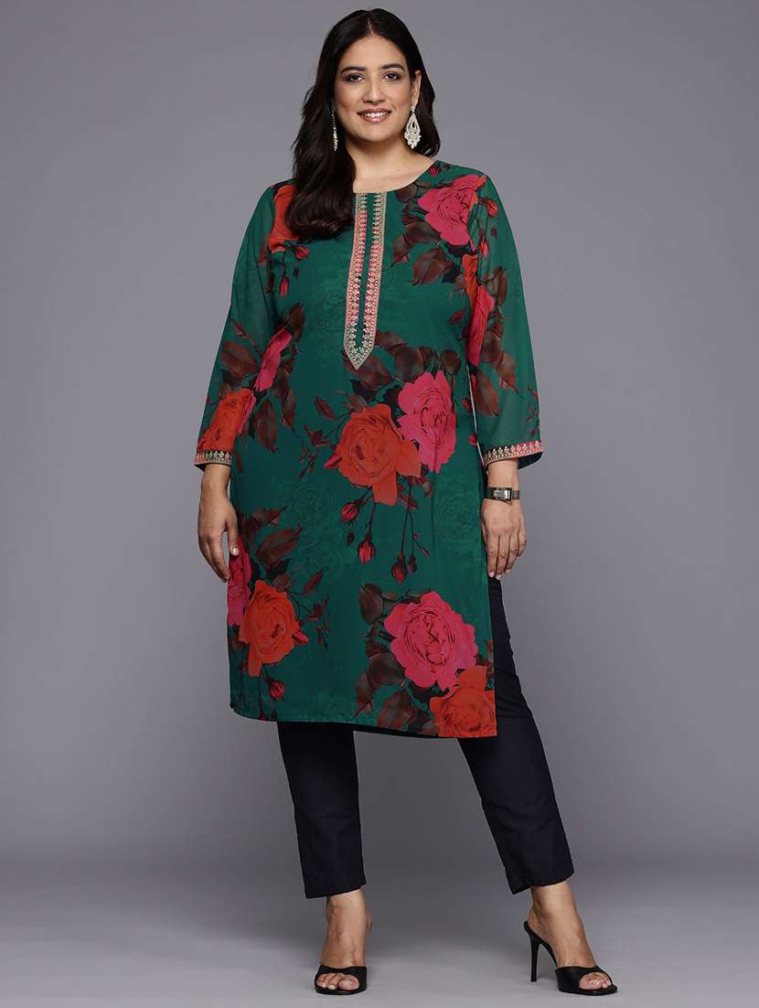 women floral printed long sleeve straight kurta